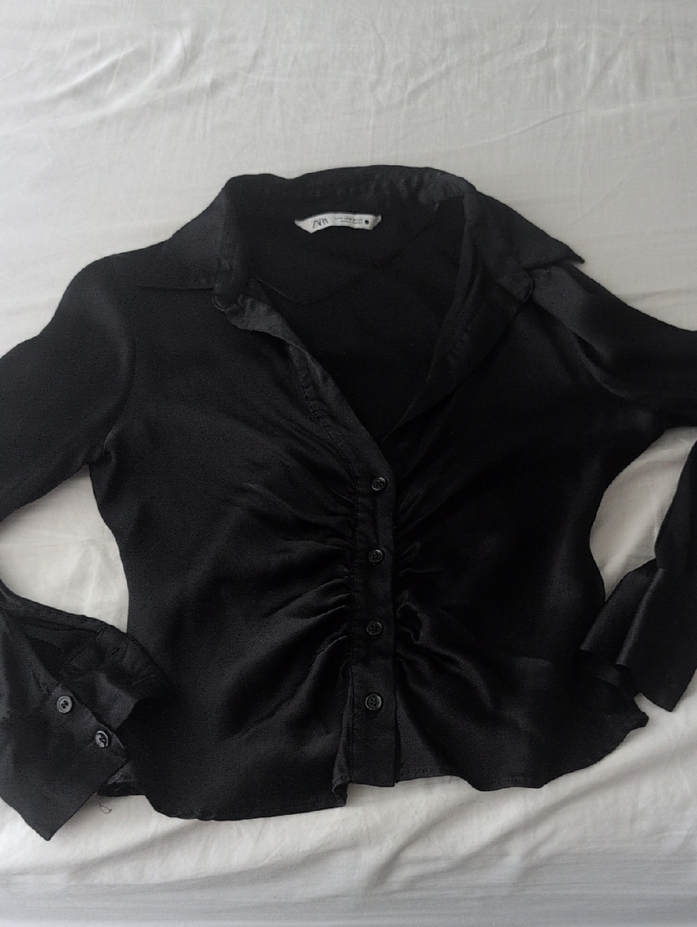 Zara Black Ruched Button-Down Blouse